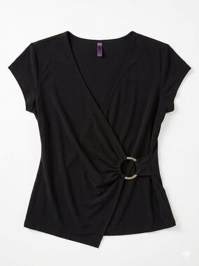 90’s Tempted Black Short Sleeve Wrap Top with Side Ring Detail